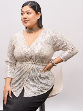 Champagne Gold Sequence Peplum Top-SASSAFRAS Curve