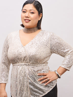 Champagne Gold Sequence Peplum Top-SASSAFRAS Curve