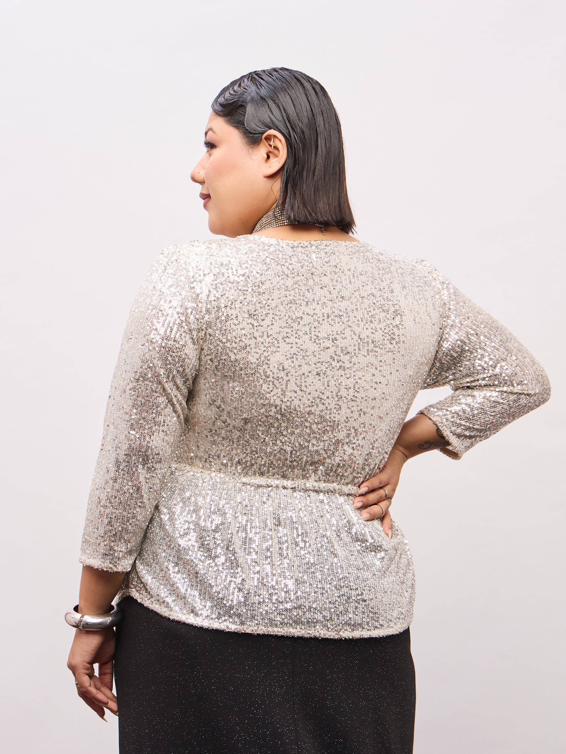 Champagne Gold Sequence Peplum Top-SASSAFRAS Curve