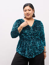 Teal Velour Sequence Peplum Top-SASSAFRAS Curve