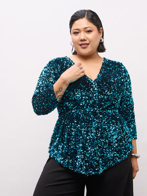 Teal Velour Sequence Peplum Top-SASSAFRAS Curve