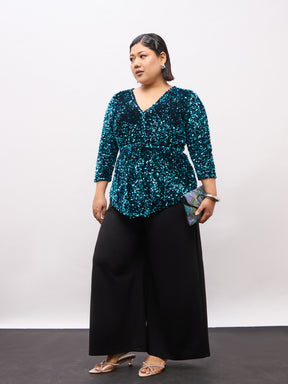 Teal Velour Sequence Peplum Top-SASSAFRAS Curve