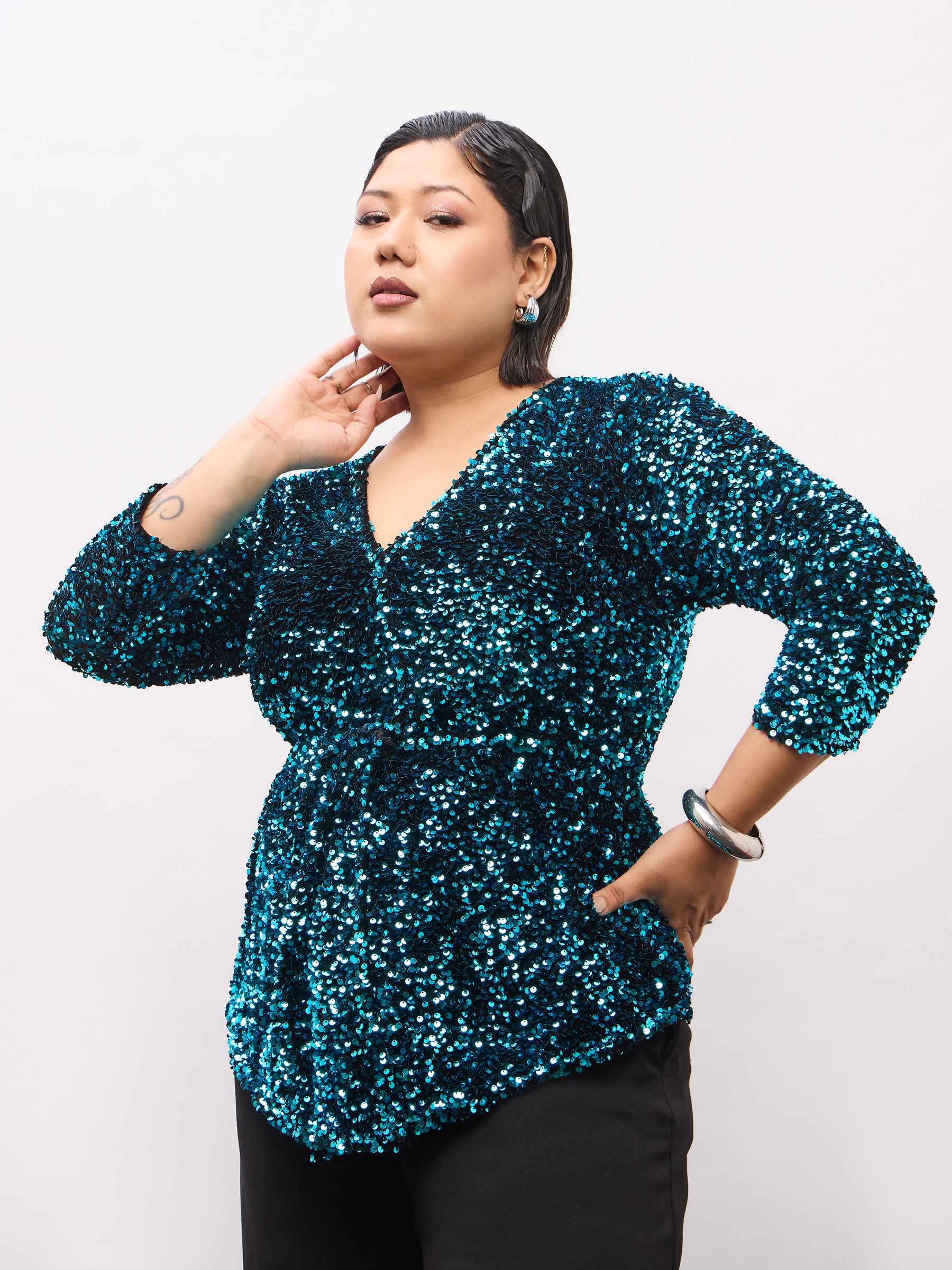 Teal Velour Sequence Peplum Top-SASSAFRAS Curve