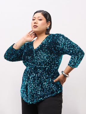 Teal Velour Sequence Peplum Top-SASSAFRAS Curve