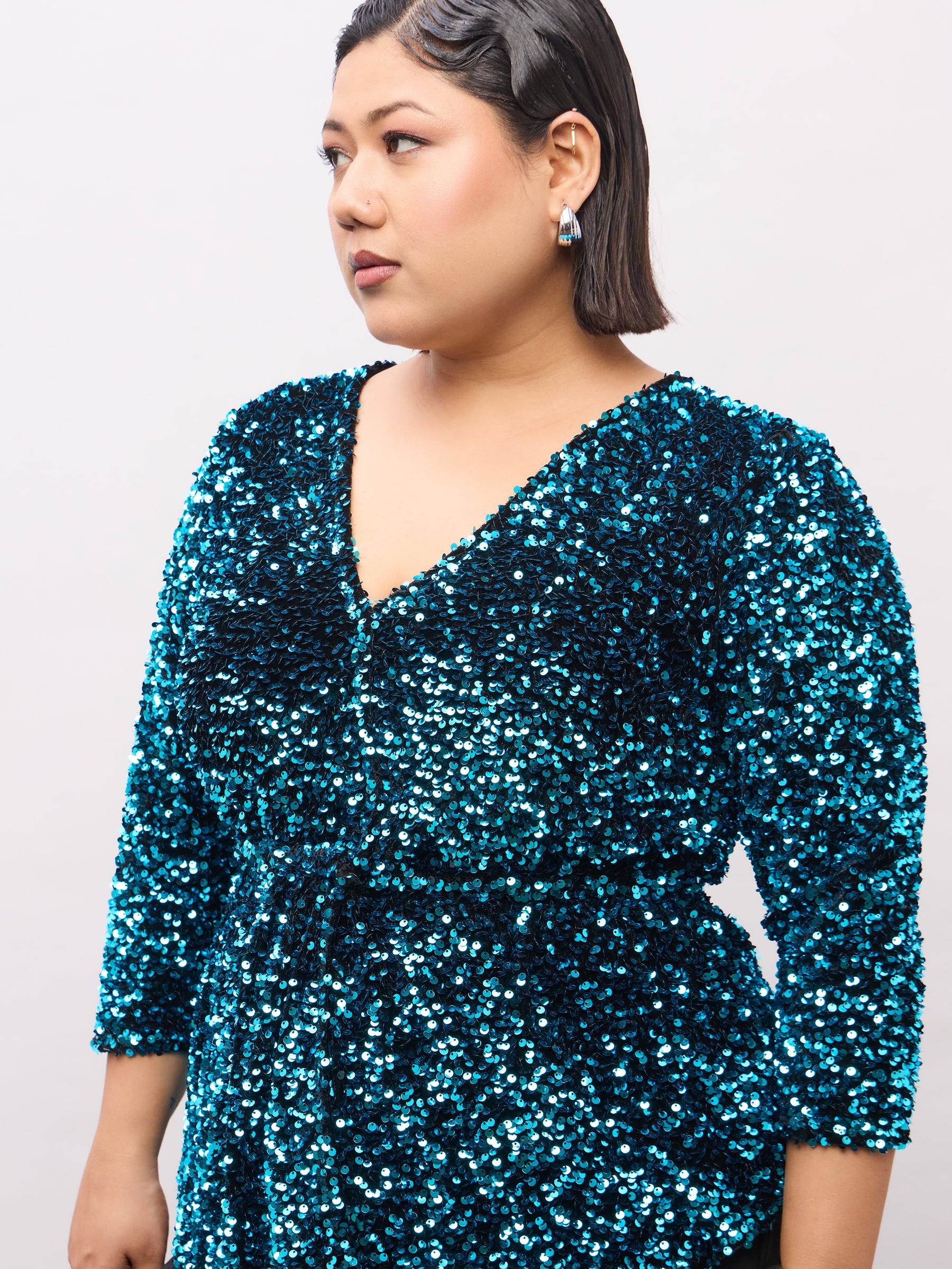Teal Velour Sequence Peplum Top-SASSAFRAS Curve