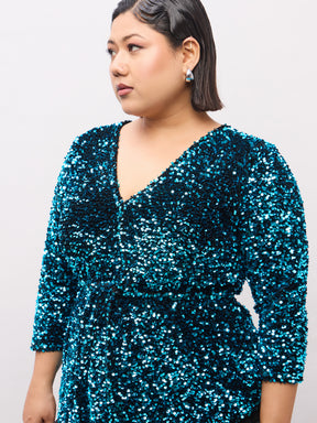 Teal Velour Sequence Peplum Top-SASSAFRAS Curve