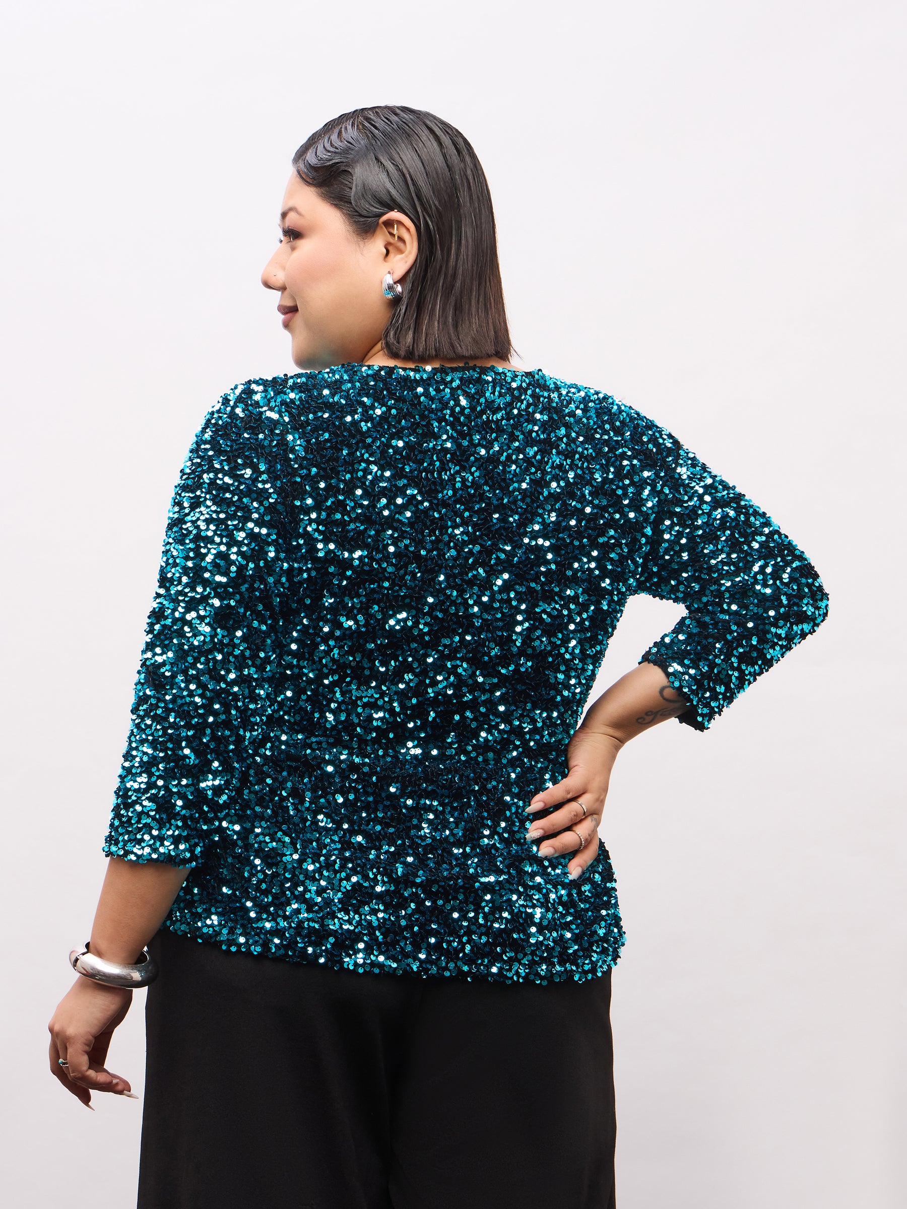 Teal Velour Sequence Peplum Top-SASSAFRAS Curve
