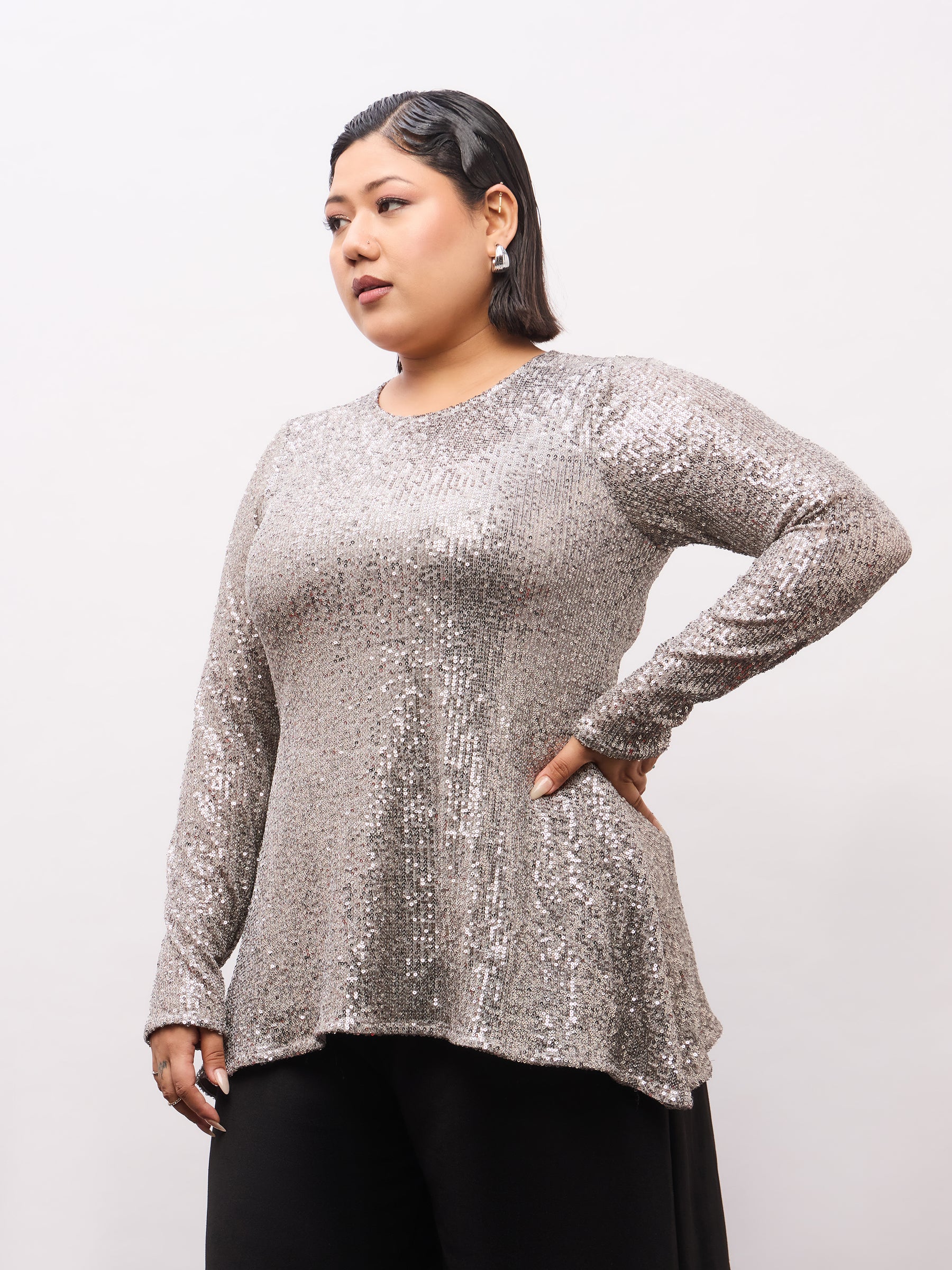 Grey Sequence Full Sleeves Top-SASSAFRAS Curve