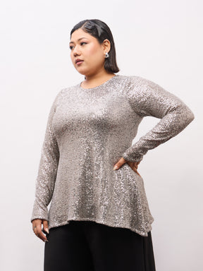 Grey Sequence Full Sleeves Top-SASSAFRAS Curve
