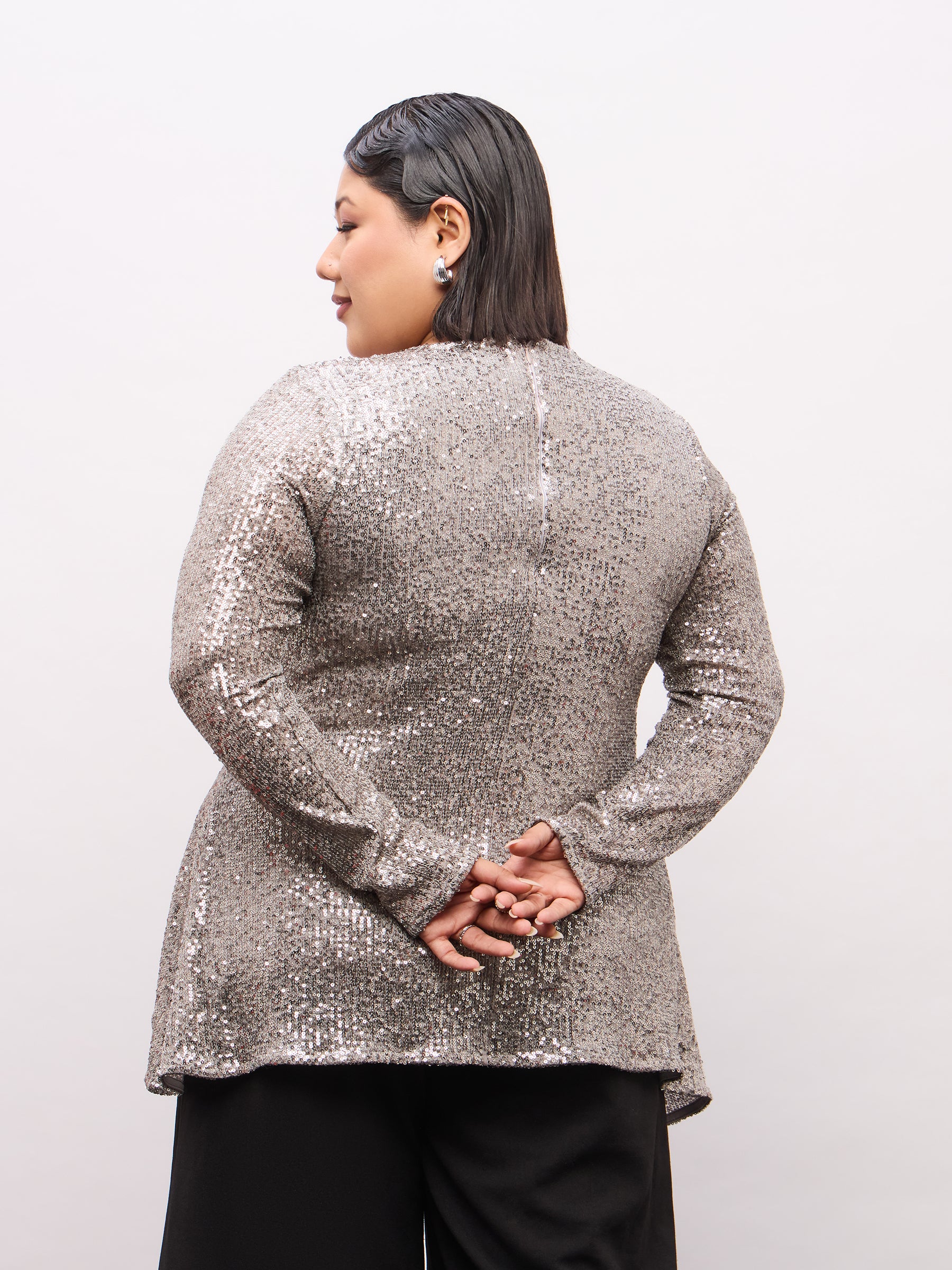 Grey Sequence Full Sleeves Top-SASSAFRAS Curve