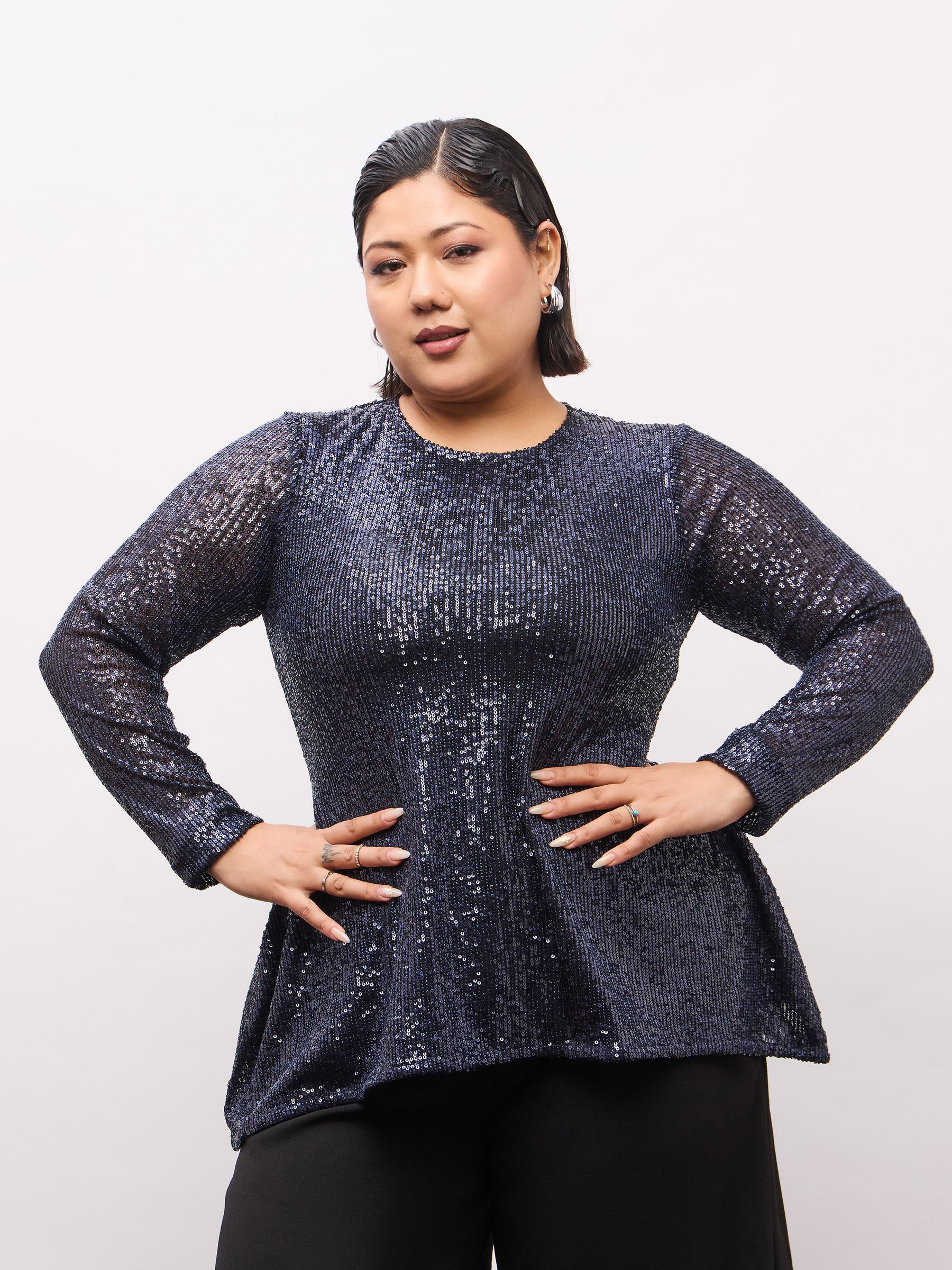 Navy Sequence Full Sleeves Top-SASSAFRAS Curve