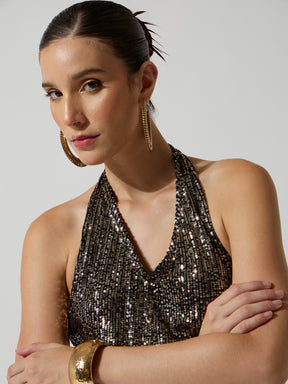 Gold Sequence Halter Neck Top-SASSAFRAS