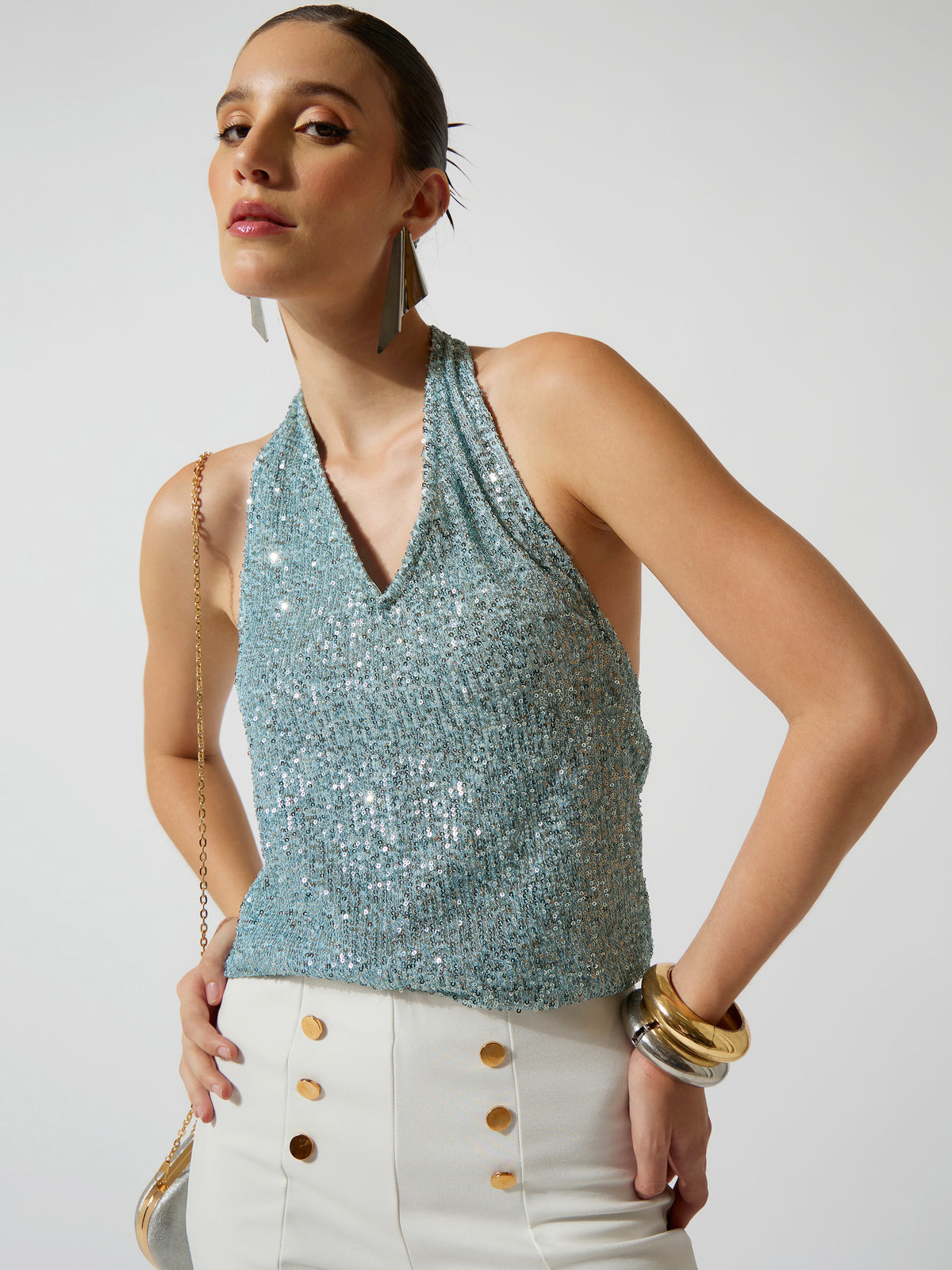 Blue Sequence Halter Neck Top-SASSAFRAS