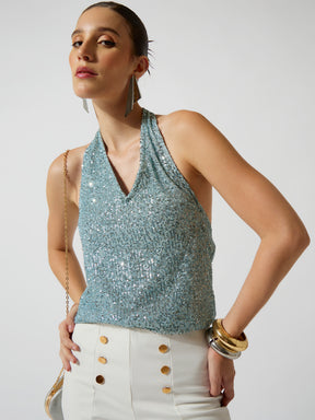 Blue Sequence Halter Neck Top-SASSAFRAS
