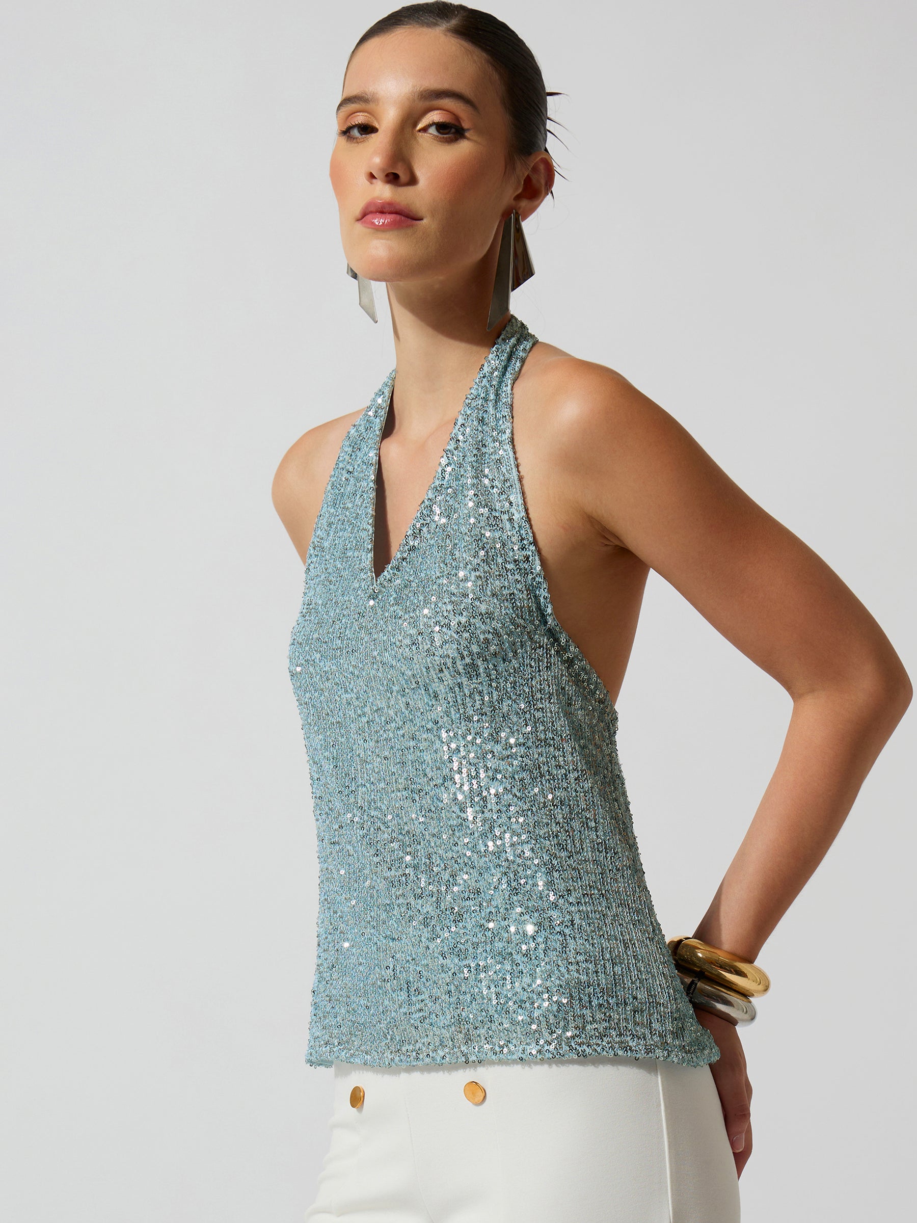Blue Sequence Halter Neck Top-SASSAFRAS