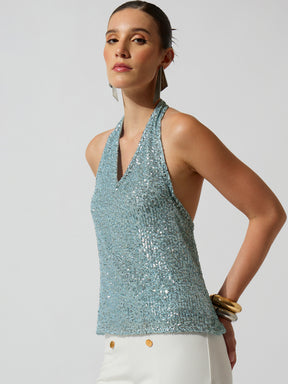 Blue Sequence Halter Neck Top-SASSAFRAS