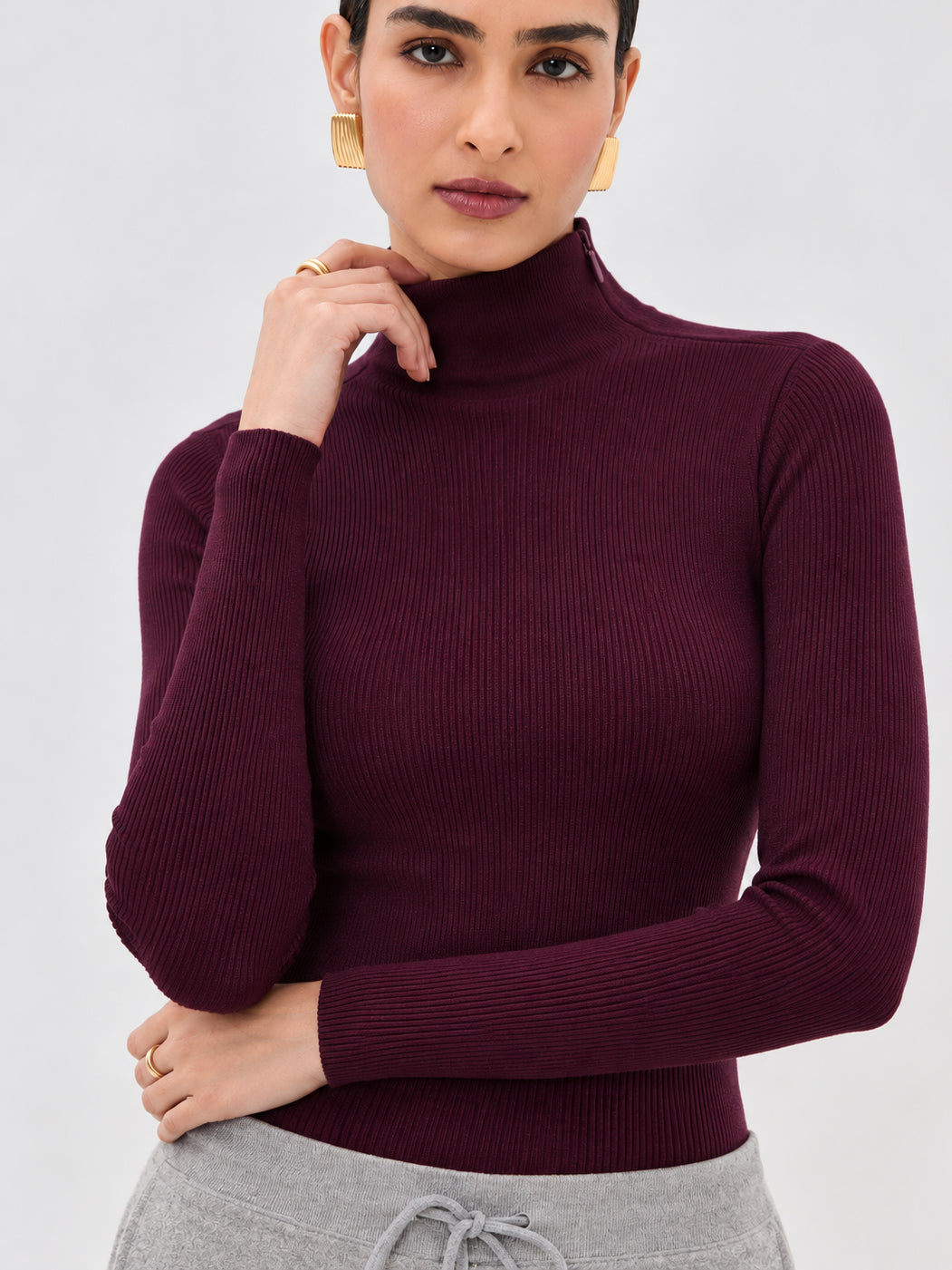 Burgundy High Neck Rib Top-SASSAFRAS