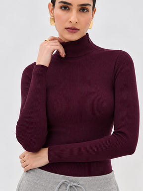 Burgundy High Neck Rib Top-SASSAFRAS