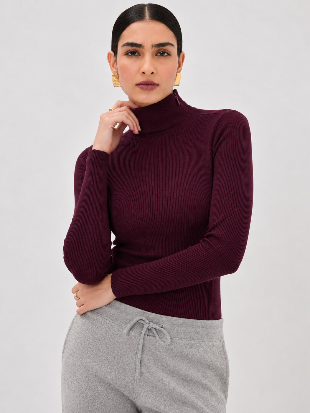 Burgundy High Neck Rib Top-SASSAFRAS