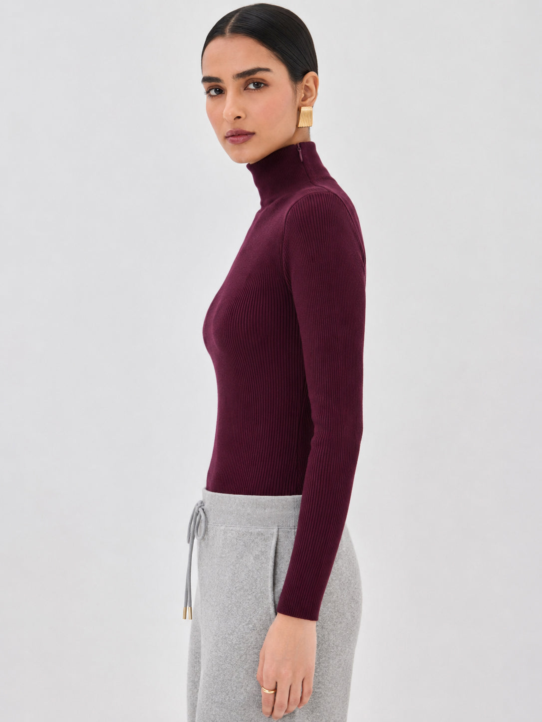 Burgundy High Neck Rib Top-SASSAFRAS