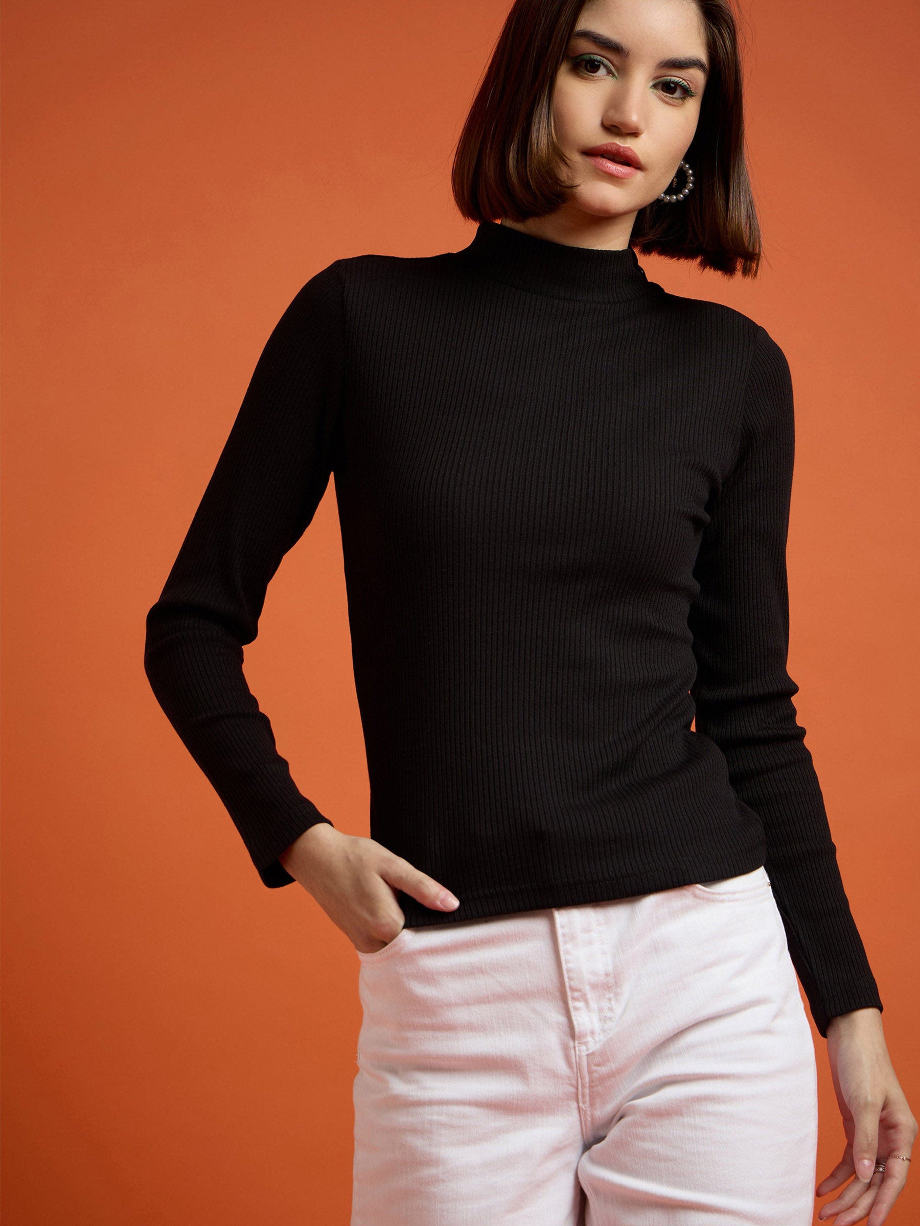 Black High Neck Rib Top-SASSAFRAS