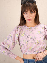 Lilac Floral Smocking Sleeve Crop Top-SASSAFRAS