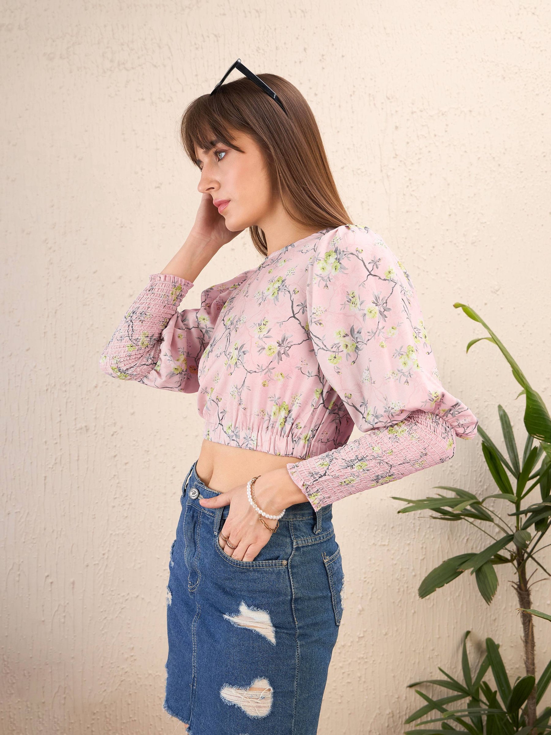 Lilac Floral Smocking Sleeve Crop Top-SASSAFRAS