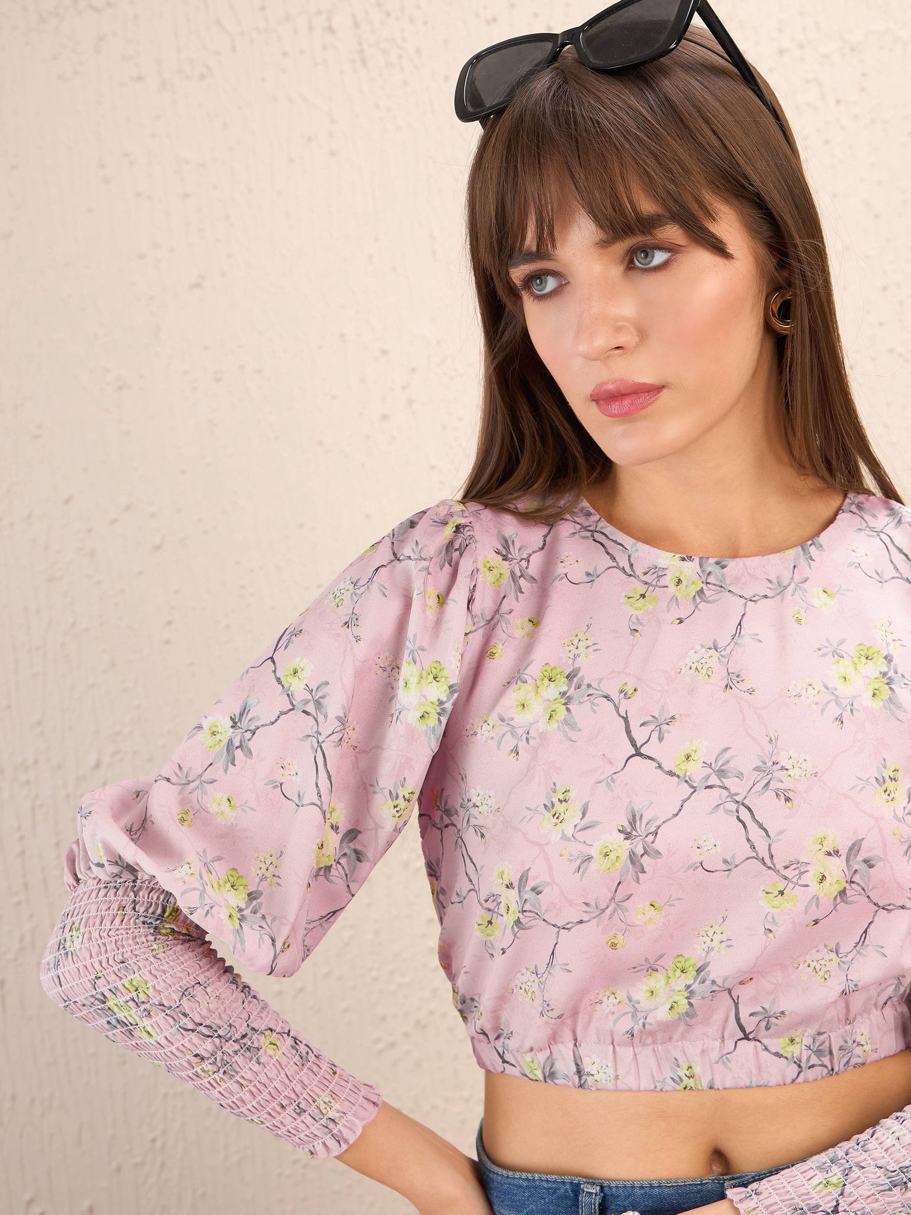 Lilac Floral Smocking Sleeve Crop Top-SASSAFRAS