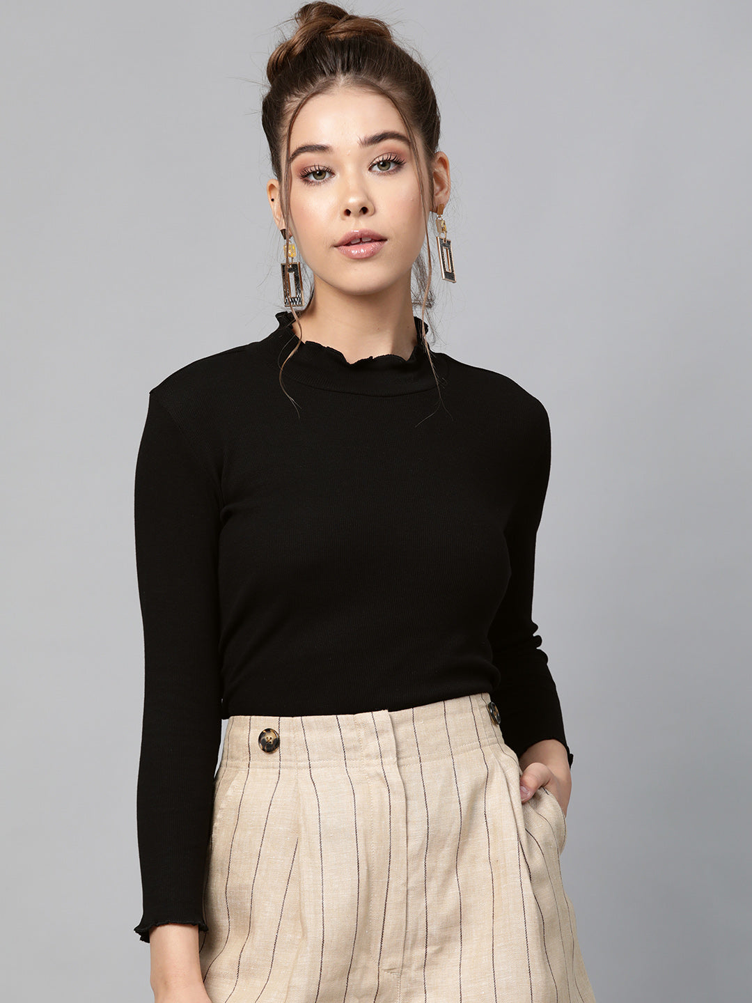 Black Rib High Neck Full Sleeve Top