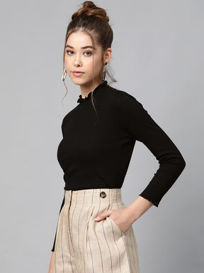 Black Rib High Neck Full Sleeve Top