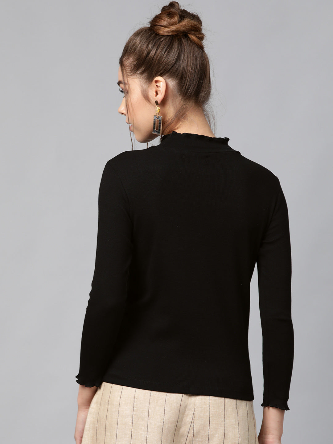 Black Rib High Neck Full Sleeve Top