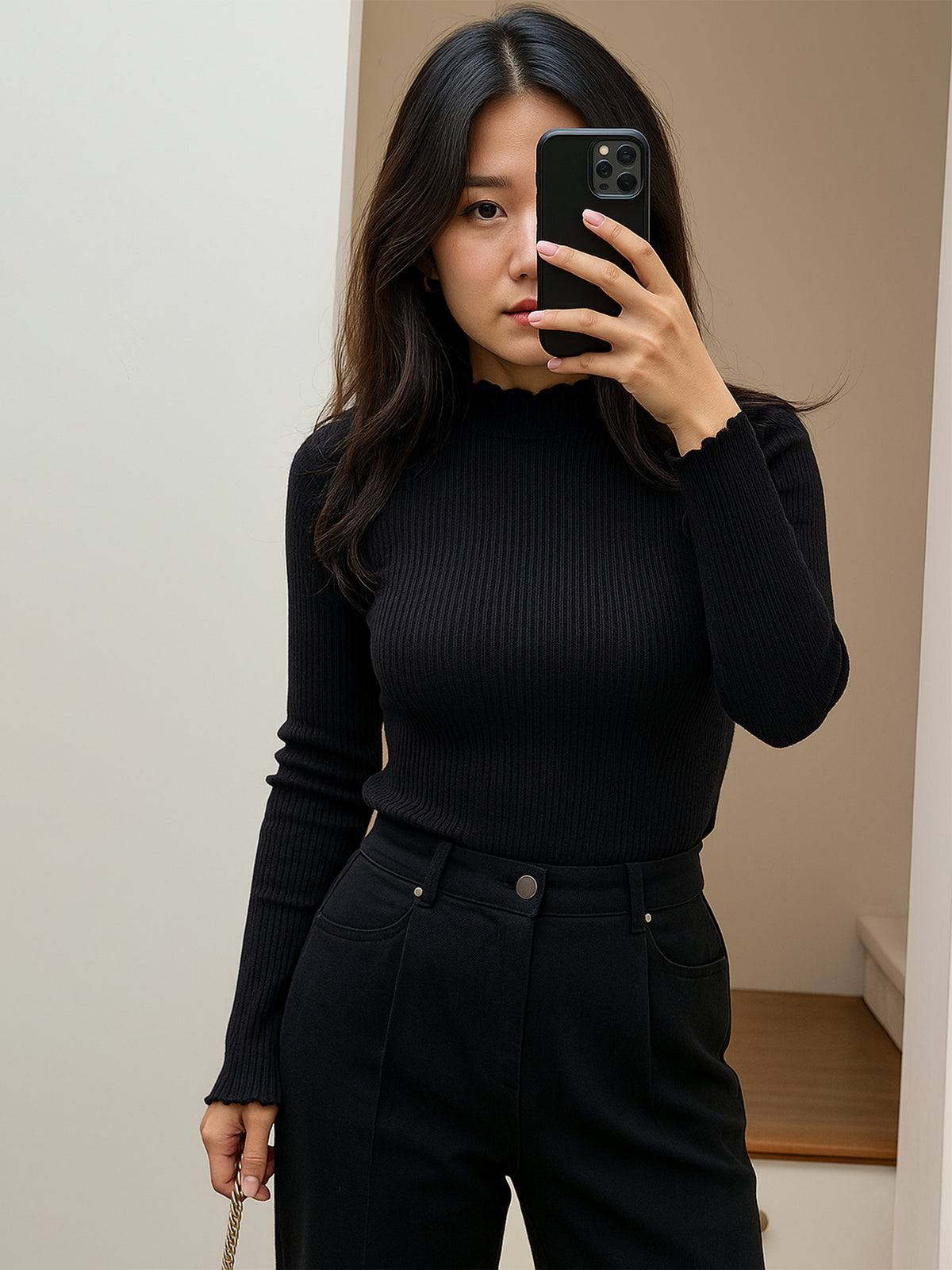 Women Black Rib High Neck Full Sleeve Top