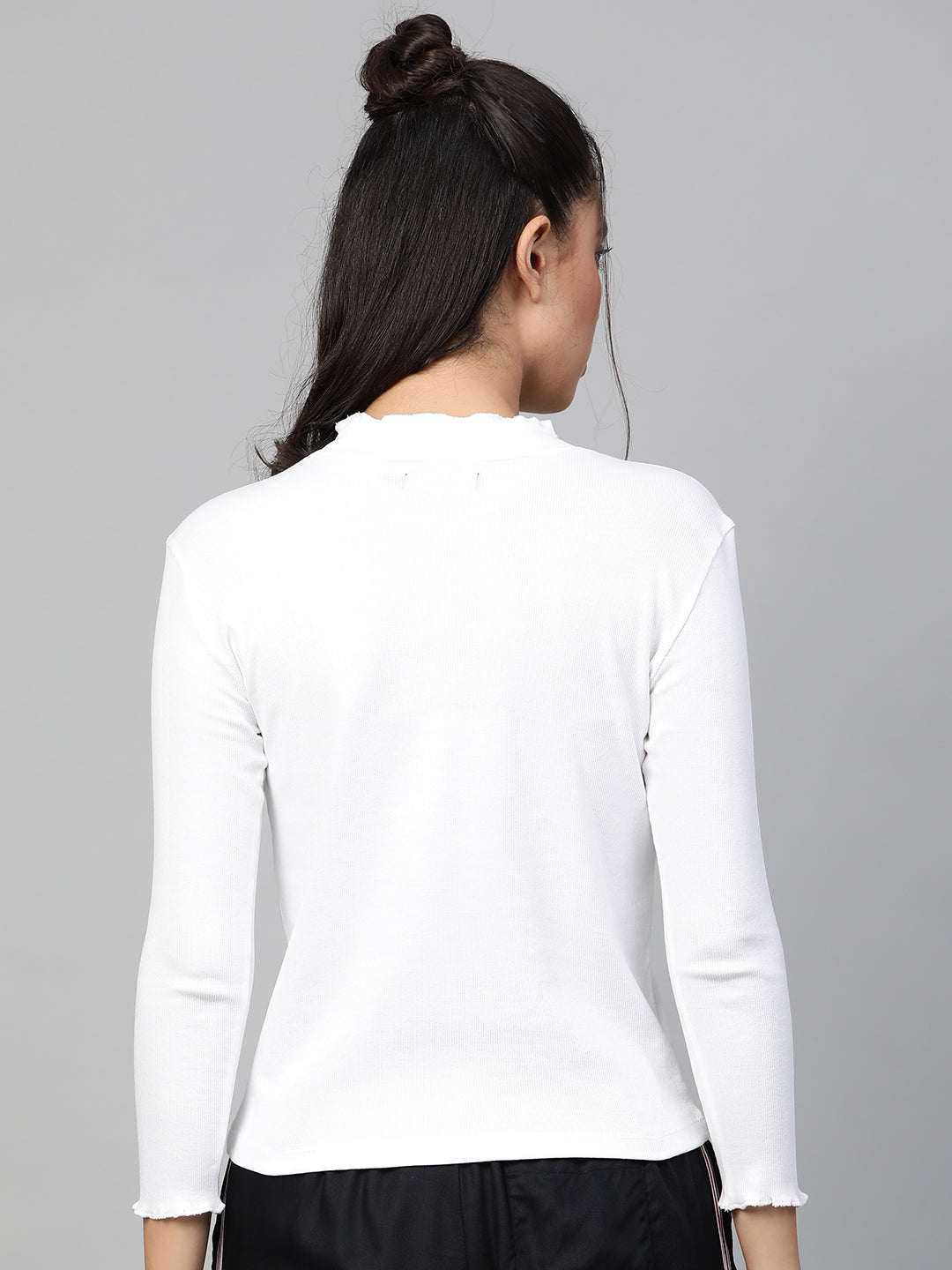 White Rib High Neck Full Sleeve Top