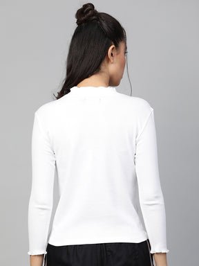 White Rib High Neck Full Sleeve Top