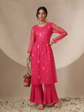 Fuchsia Tulle Sequins Gathered Dress-Shae by SASSAFRAS