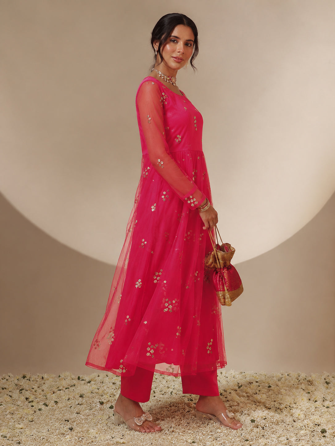 Fuchsia Tulle Sequins Gathered Dress-Shae by SASSAFRAS
