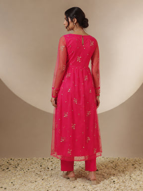 Women Fuchsia Tulle Sequins Gathered Dress