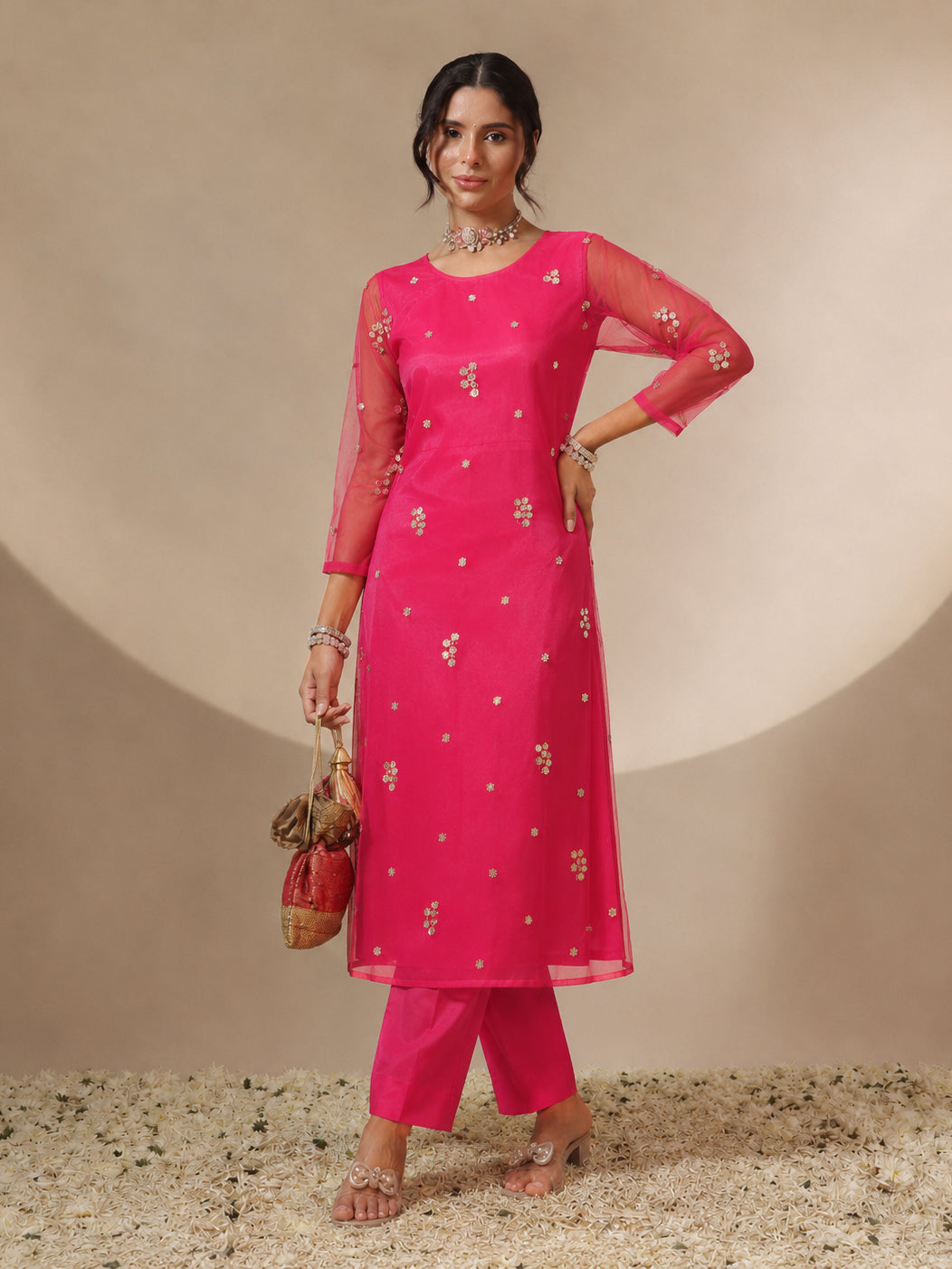 Women Fuchsia Tulle Sequins Gathered Dress