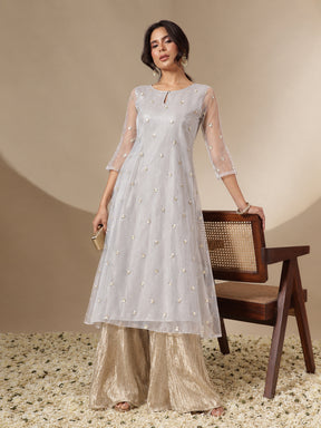 Steel Grey Tulle Sequins Gathered Dress-Shae by SASSAFRAS