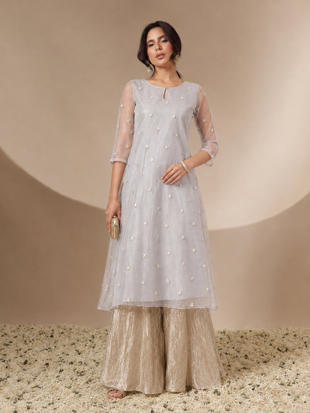 Steel Grey Tulle Sequins Gathered Dress-Shae by SASSAFRAS