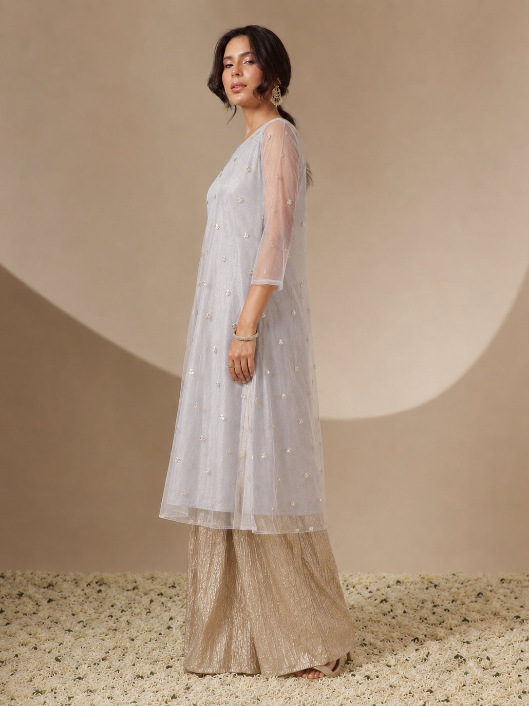 Steel Grey Tulle Sequins Gathered Dress-Shae by SASSAFRAS