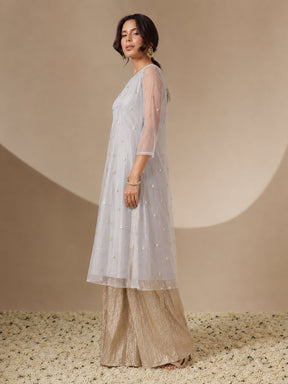 Steel Grey Tulle Sequins Gathered Dress-Shae by SASSAFRAS