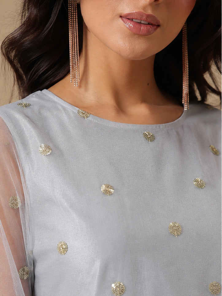 Steel Grey Tulle Sequins Gathered Dress-Shae by SASSAFRAS