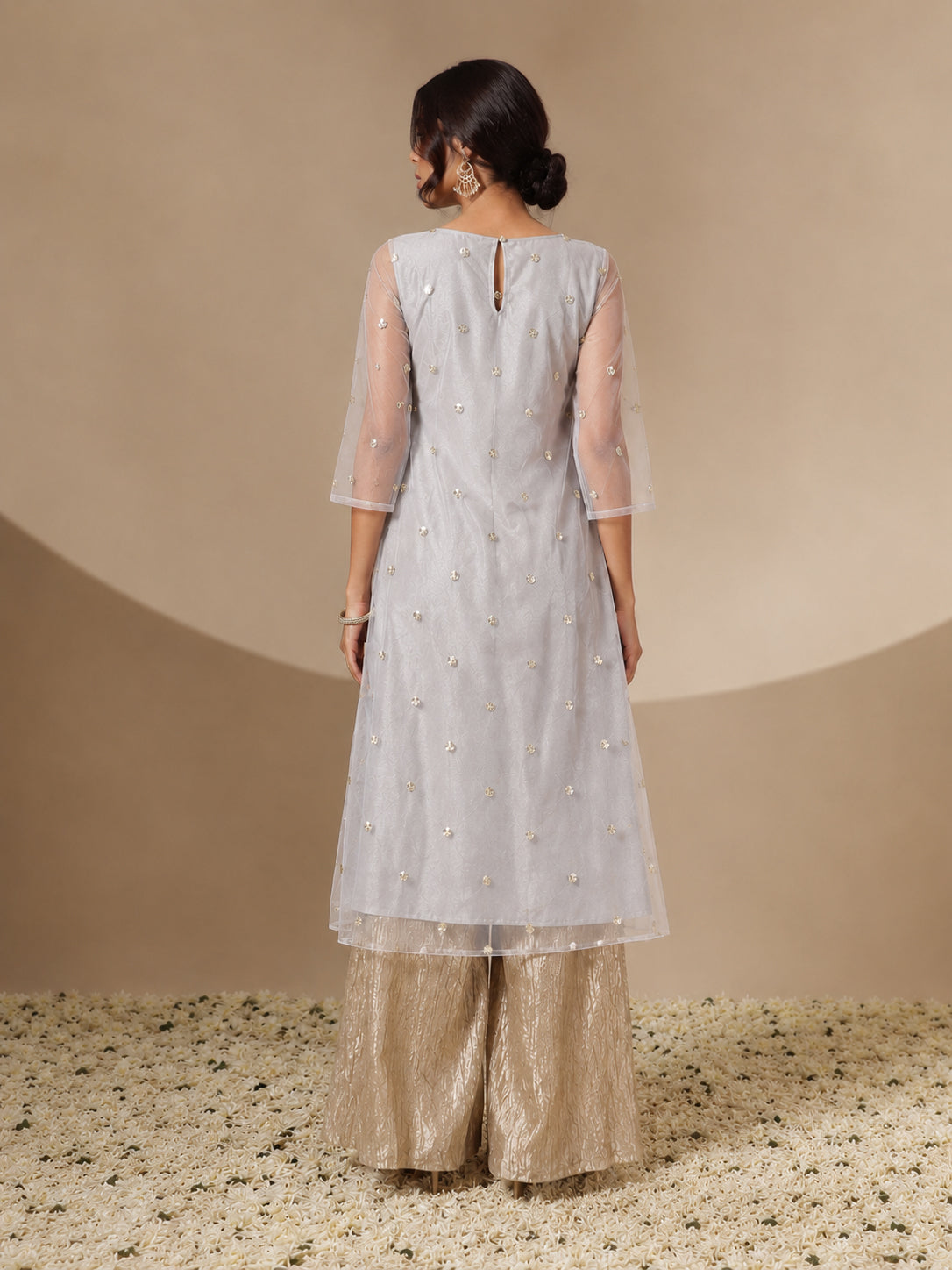Steel Grey Tulle Sequins Gathered Dress-Shae by SASSAFRAS