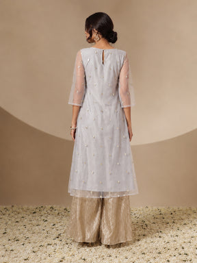 Steel Grey Tulle Sequins Gathered Dress-Shae by SASSAFRAS