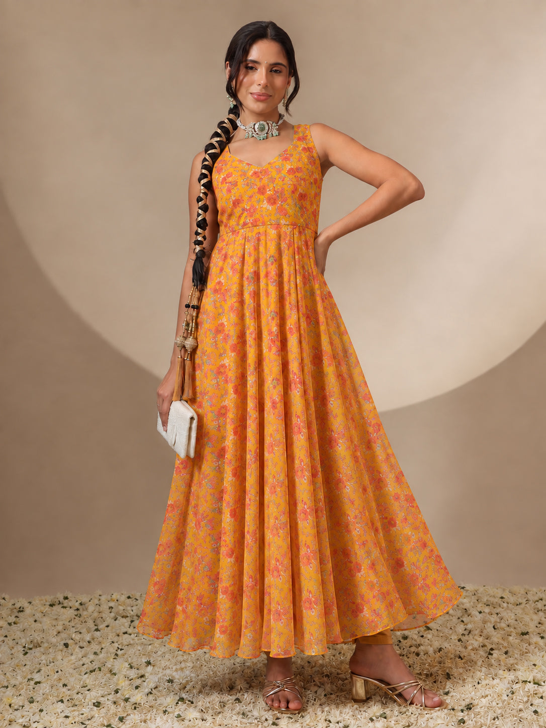 Yellow Floral Sweetheart Neck Anarkali Kurta-Shae by SASSAFRAS