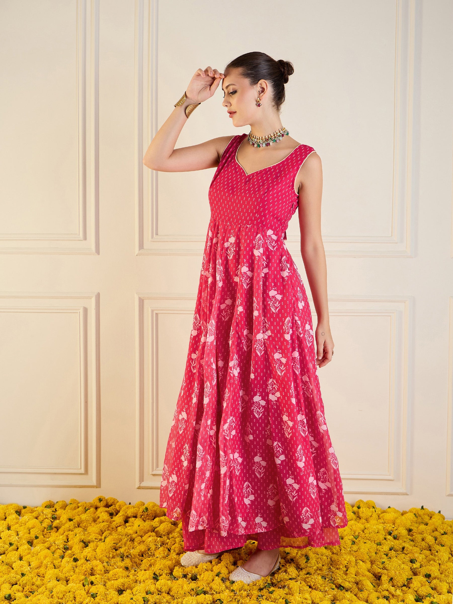 Fuchsia Floral Anarkali Kurta-Shae by SASSAFRAS