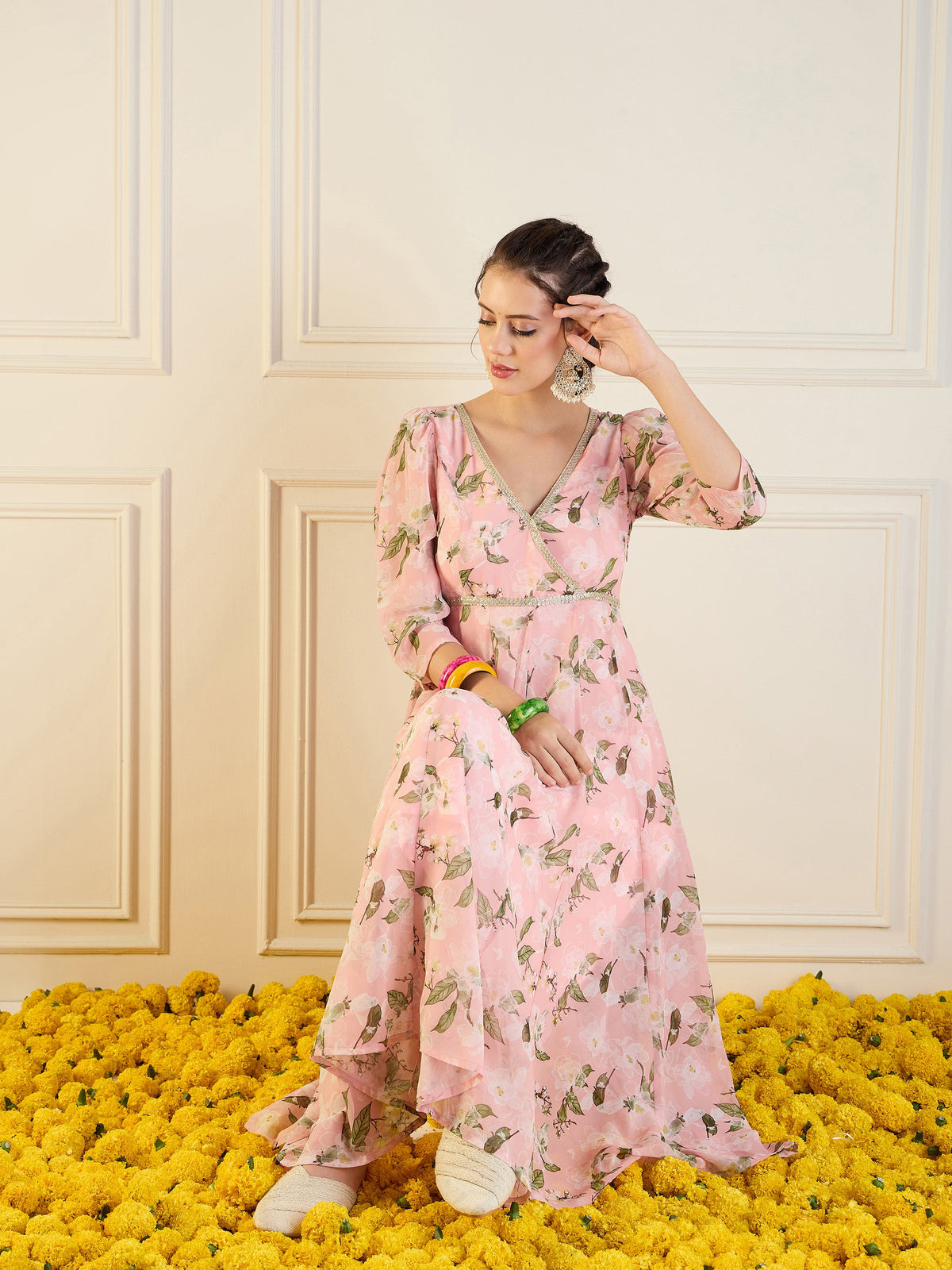 Peach Floral Anarkali Maxi Dress-Shae by SASSAFRAS