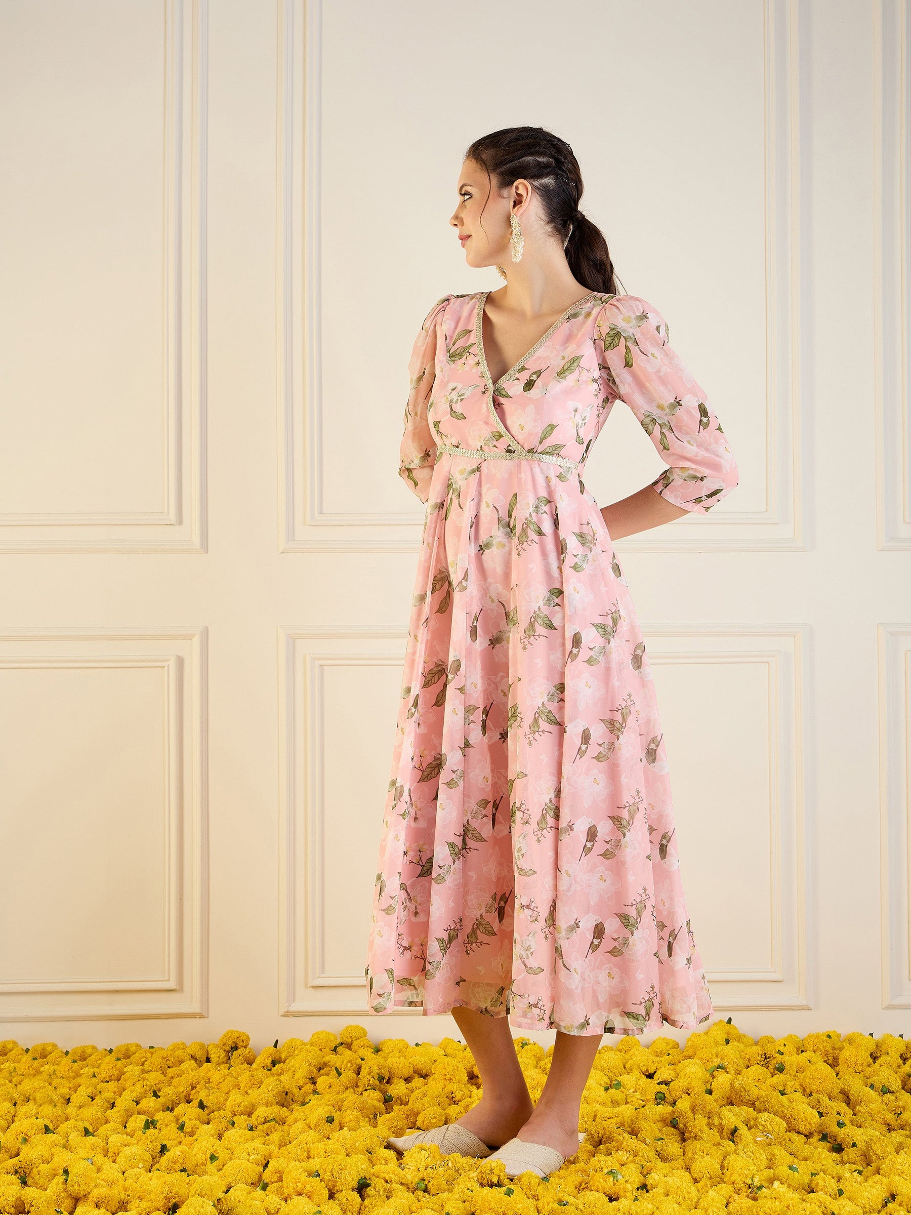 Peach Floral Anarkali Maxi Dress-Shae by SASSAFRAS