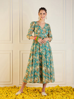 Turquoise Blue Floral Anarkali Maxi Dress-Shae by SASSAFRAS